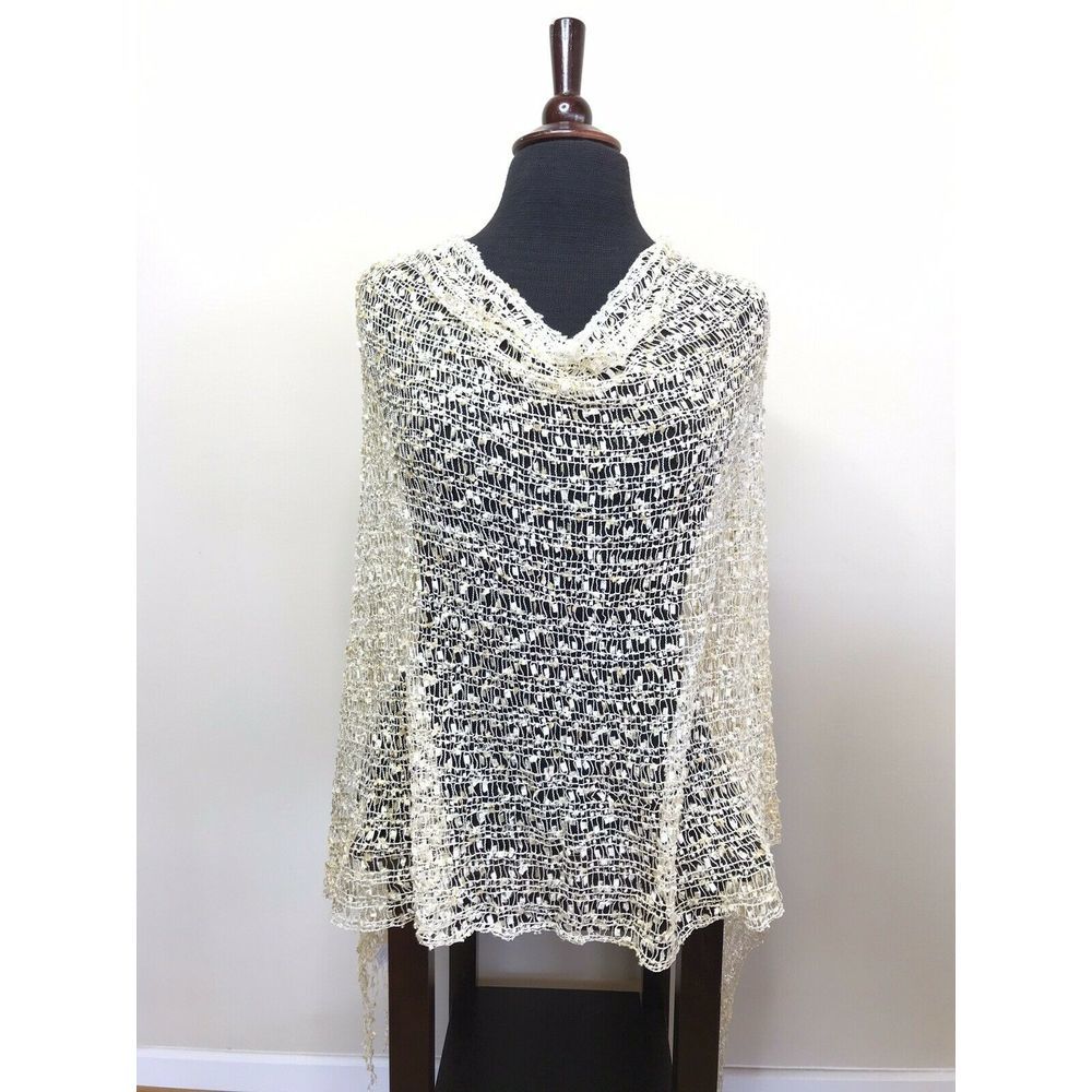 Poncho Wrap Shawl Knit Lace Pik Off-Whit 1Size NEW